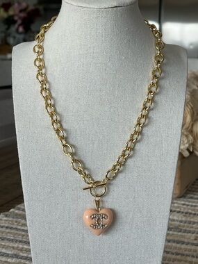 Upcycled Authentic Stamped A25V Chanel Crystal CC Heart Charm on 14K GP Necklace